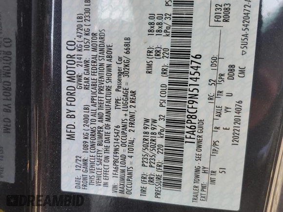 2022 Ford Mustang GT with VIN 1FA6P8CF9N5145476, listed as a Copart auction lot 56279635 with 32,696 mi miles and Salvage title. Bid and sale history available at DreamBid. Image 13.