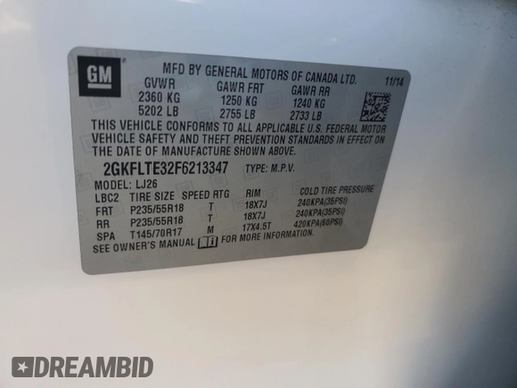 2015 GMC Terrain SLT with VIN 2GKFLTE32F6213347, listed as a Copart auction lot 54516405 with 111,389 mi miles and Salvage title. Bid and sale history available at DreamBid. Image 13.