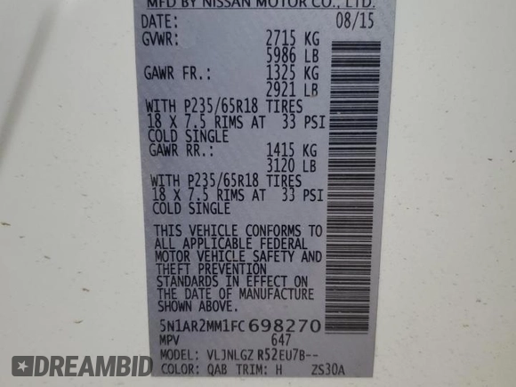 2015 Nissan Pathfinder S z VIN 5N1AR2MM1FC698270, wystawiony jako Copart lot #48763745 z przebiegiem 126 588 mil mil oraz Szkoda całkowita • Salvage title. Historia ofert i sprzedaży dostępna na DreamBid. Obrazek 13.