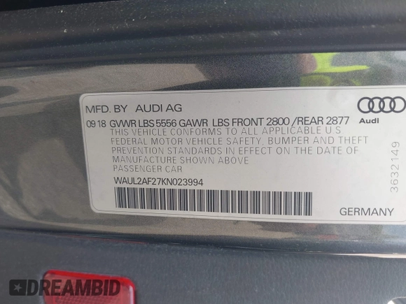 2019 Audi A6 Premium Plus z VIN WAUL2AF27KN023994, wystawiony jako IAAI lot #41999693 z przebiegiem Nie podano mil oraz . Historia ofert i sprzedaży dostępna na DreamBid. Obrazek 9.