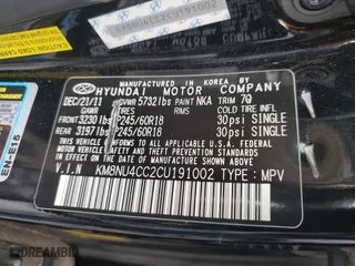 2012 Hyundai Veracruz Limited with VIN KM8NU4CC2CU191002, listed as a Copart auction lot 43781685 with 133,154 mi miles and Salvage Title. Bid and sale history available at carsss.com. Image 12.