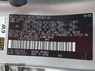 2005 Toyota Highlander z VIN JTEEP21A050123515, wystawiony jako IAAI lot #42262337 z przebiegiem 215 443 mil mil oraz . Historia ofert i sprzedaży dostępna na DreamBid. Obrazek 9.