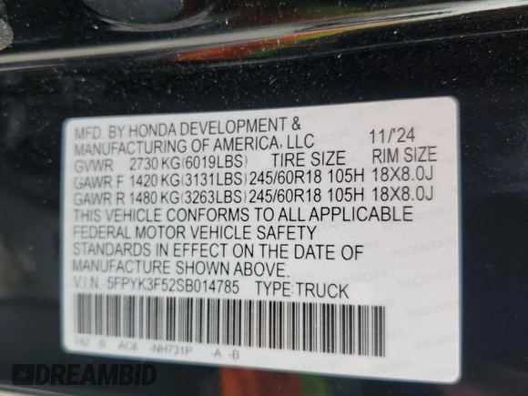 2025 Honda Ridgeline RTL with VIN 5FPYK3F52SB014785, listed as a Copart auction lot 59982875 with 2,341 mi miles and Salvage title. Bid and sale history available at DreamBid. Image 13.