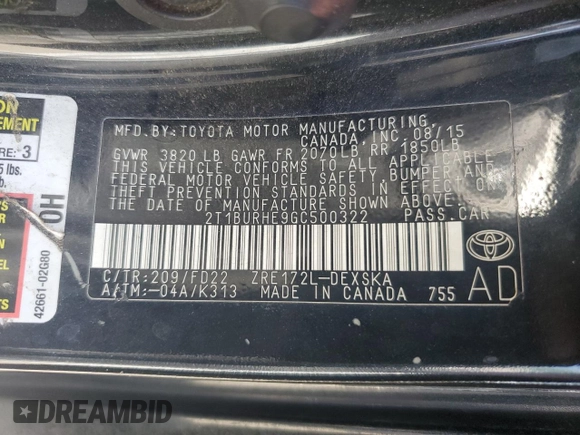 2016 Toyota Corolla L z VIN 2T1BURHE9GC500322, wystawiony jako Copart lot #59185595 z przebiegiem 212 143 mil mil oraz Szkoda całkowita • Salvage title. Historia ofert i sprzedaży dostępna na DreamBid. Obrazek 12.