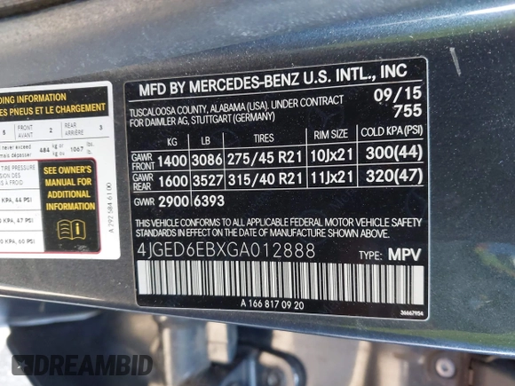 2016 Mercedes-Benz GLE 450 AMG with VIN 4JGED6EBXGA012888, listed as a IAAI auction lot 41674432 with 61,780 mi miles and . Bid and sale history available at DreamBid. Image 9.