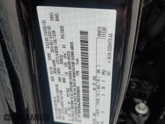 2024 Ford F-250 XL with VIN 1FT8W2BA2RED55853, listed as a Copart auction lot 50156825 with 5,293 mi miles and Salvage title. Bid and sale history available at DreamBid. Image 14.
