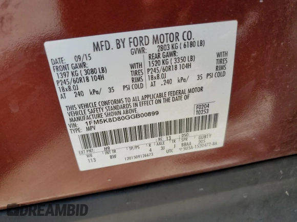 2016 Ford Explorer XLT with VIN 1FM5K8D80GGB00899, listed as a Copart auction lot 53210045 with 146,842 mi miles and Salvage Title. Bid and sale history available at DreamBid. Image 14.