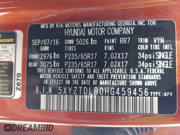 2017 Hyundai Santa Fe 2.4L with VIN 5XYZTDLB0HG459456, listed as a IAAI auction lot 42290817 with 142,323 mi miles and . Bid and sale history available at DreamBid. Image 9.
