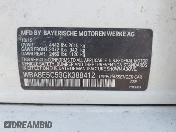 2016 BMW 3 Series 328d z VIN WBA8E5C53GK388412, wystawiony jako IAAI lot #42214089 z przebiegiem 91 678 mil mil oraz . Historia ofert i sprzedaży dostępna na DreamBid. Obrazek 9.