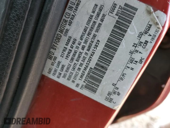 2000 Mercury Mystique GS with VIN 1MEFM6530YK615859, listed as a Copart auction lot 59704875 with 259,272 mi miles and Salvage title. Bid and sale history available at DreamBid. Image 13.