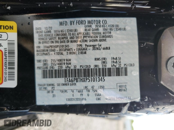 2023 Ford Mustang EcoBoost with VIN 1FA6P8THXP5101345, listed as a Copart auction lot 57762135 with Not provided miles and Non repairable. Bid and sale history available at DreamBid. Image 13.