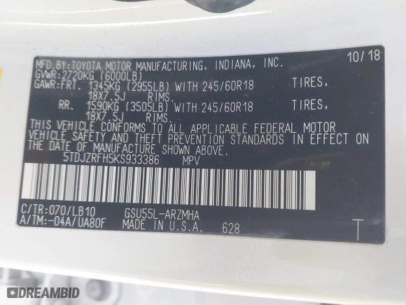 2019 Toyota Highlander SE with VIN 5TDJZRFH5KS933386, listed as a IAAI auction lot 41807949 with 49,661 mi miles. Bid and sale history available at carsss.com. Image 9.