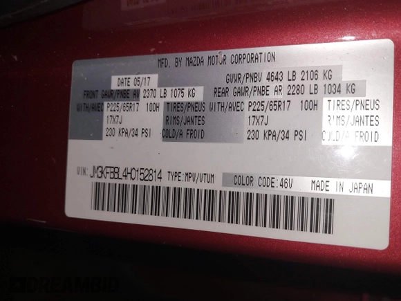 2017 Mazda CX-5 Sport with VIN JM3KFBBL4H0152814, listed as a IAAI auction lot 41487258 with 158,161 mi miles and . Bid and sale history available at DreamBid. Image 9.