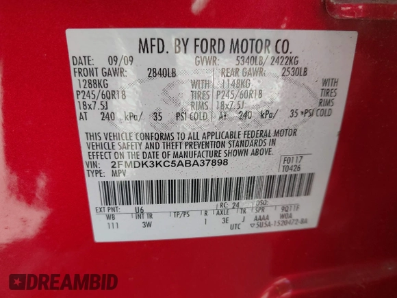 2010 Ford Edge Limited with VIN 2FMDK3KC5ABA37898, listed as a IAAI auction lot 42042372 with 96,235 mi miles. Bid and sale history available at carsss.com. Image 9.