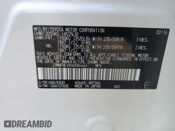 2016 Toyota RAV4 SE with VIN JTMNFREVXGD086661, listed as a Copart auction lot 58528965 with 70,523 mi miles and Salvage title. Bid and sale history available at DreamBid. Image 13.