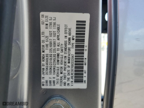 2008 Honda CR-V EX-L with VIN JHLRE38768C032847, listed as a Copart auction lot 46174535 with 131,231 mi miles and Salvage Title. Bid and sale history available at carsss.com. Image 15.