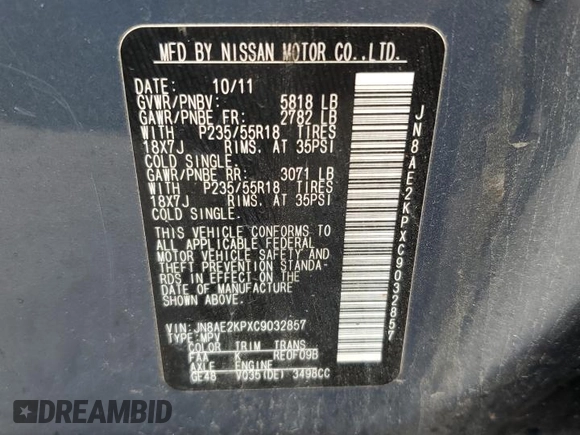 2012 Nissan Quest SL with VIN JN8AE2KPXC9032857, listed as a Copart auction lot 53962625 with 115,093 mi miles and Salvage Title. Bid and sale history available at carsss.com. Image 13.