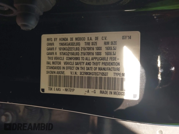 2014 Honda CR-V LX with VIN 3CZRM3H37EG710537, listed as a IAAI auction lot 42035744 with 279,482 mi miles. Bid and sale history available at carsss.com. Image 9.