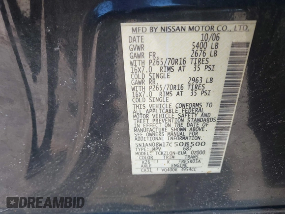 2007 Nissan Xterra SE with VIN 5N1AN08W17C508500, listed as a IAAI auction lot 41666724 with 198,028 mi miles. Bid and sale history available at carsss.com. Image 9.