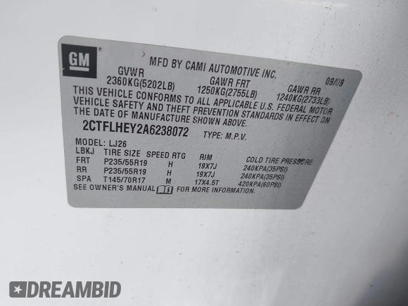 2010 GMC Terrain SLT-2 with VIN 2CTFLHEY2A6238072, listed as a IAAI auction lot 41940698 with 120,418 mi miles and . Bid and sale history available at carsss.com. Image 9.