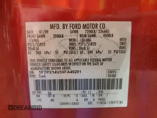 2009 Ford F-150 XL with VIN 1FTPX14V59FA49291, listed as a Copart auction lot 63083155 with 206,826 mi miles and Salvage title. Bid and sale history available at DreamBid. Image 12.
