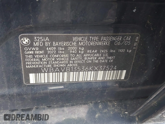 2006 BMW 3 Series 325i with VIN WBAVB13536KX37524, listed as a IAAI auction lot 42040781 with 123,020 mi miles. Bid and sale history available at carsss.com. Image 9.