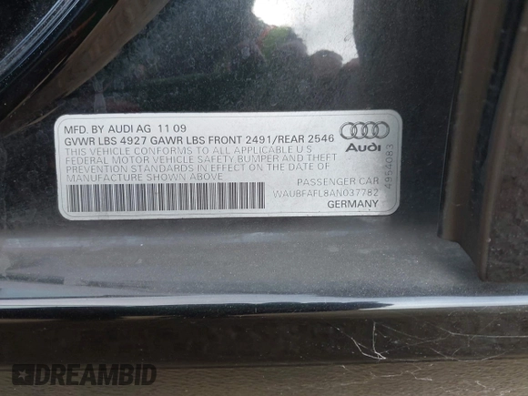 2010 Audi A4 2.0T Premium with VIN WAUBFAFL8AN037782, listed as a IAAI auction lot 42047717 with 86,509 mi miles. Bid and sale history available at carsss.com. Image 9.