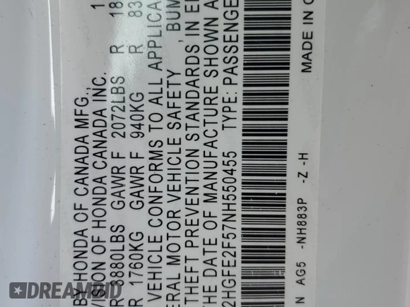 2022 Honda Civic Sport z VIN 2HGFE2F57NH550455, wystawiony jako Copart lot #52005235 z przebiegiem 31 396 mil mil oraz Szkoda całkowita • Salvage title. Historia ofert i sprzedaży dostępna na DreamBid. Obrazek 12.