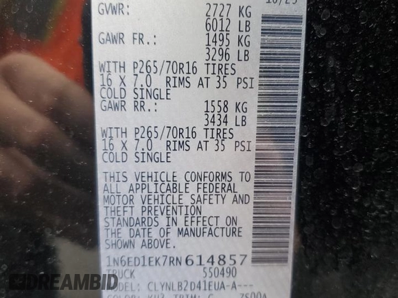 2024 Nissan Frontier SV with VIN 1N6ED1EK7RN614857, listed as a Copart auction lot 59234425 with 23,188 mi miles and Salvage title. Bid and sale history available at DreamBid. Image 12.