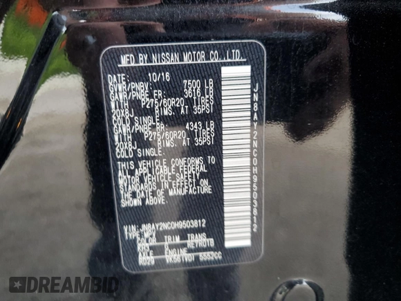 2017 Nissan Armada SL with VIN JN8AY2NC0H9503812, listed as a Copart auction lot 59825804 with 110,288 mi miles and Salvage Title. Bid and sale history available at carsss.com. Image 13.