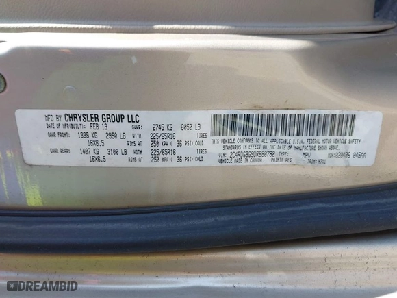 2013 Dodge Grand Caravan SXT with VIN 2C4RDGBG9DR680782, listed as a IAAI auction lot 41776855 with 125,663 mi miles. Bid and sale history available at carsss.com. Image 9.