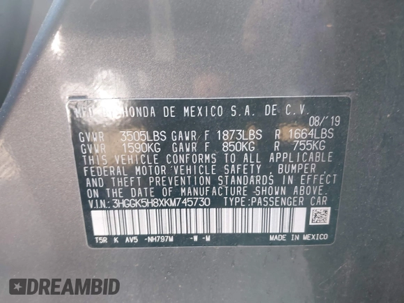 2019 Honda Fit EX with VIN 3HGGK5H8XKM745730, listed as a IAAI auction lot 41911606 with 39,640 mi miles and . Bid and sale history available at DreamBid. Image 9.