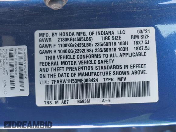 2021 Honda CR-V EX z VIN 7FARW1H53ME008424, wystawiony jako IAAI lot #41900280 z przebiegiem 138 732 mil mil oraz . Historia ofert i sprzedaży dostępna na DreamBid. Obrazek 9.