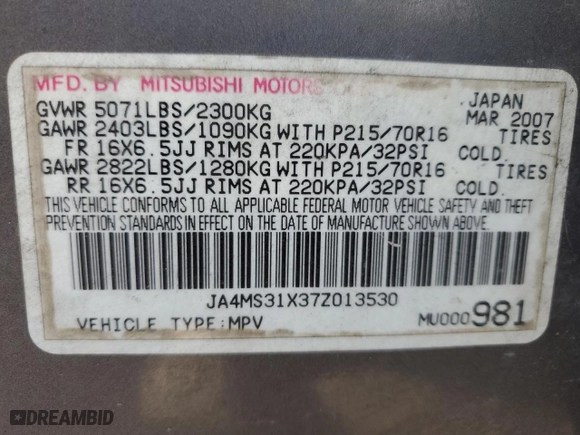 2007 Mitsubishi Outlander ES with VIN JA4MS31X37Z013530, listed as a Copart auction lot 44783285 with 177,357 mi miles and Salvage Title. Bid and sale history available at carsss.com. Image 14.