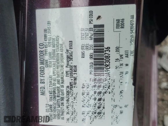 2012 Ford Fusion SEL with VIN 3FAHP0JA9CR308736, listed as a Copart auction lot 58569775 with 184,857 mi miles and Non repairable. Bid and sale history available at DreamBid. Image 12.