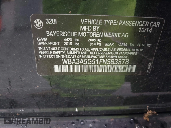 2015 BMW 3 Series 328i with VIN WBA3A5G51FNS83378, listed as a IAAI auction lot 41719392 with 114,146 mi miles. Bid and sale history available at carsss.com. Image 9.
