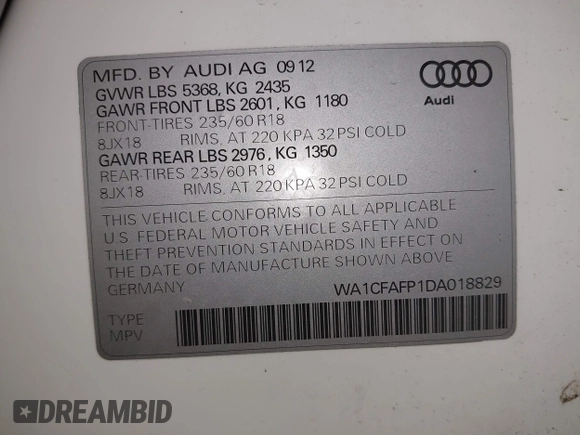 2013 Audi Q5 Premium с VIN WA1CFAFP1DA018829, выставлен на аукционе IAAI как лот 42591929 с пробегом 92 441 миль миль и . История ставок и продаж доступна на DreamBid. Изображение 9.