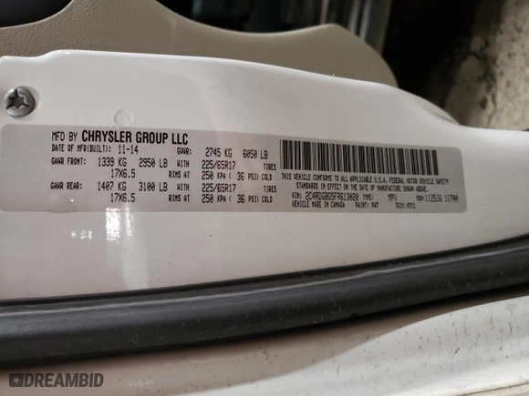 2015 Dodge Grand Caravan American Value Pkg with VIN 2C4RDGBG5FR613020, listed as a Copart auction lot 47067105 with 120,940 mi miles and Salvage Title. Bid and sale history available at carsss.com. Image 15.