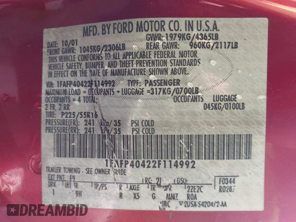 2002 Ford Mustang Standard z VIN 1FAFP40422F114992, wystawiony jako IAAI lot #40289505 z przebiegiem Nie podano mil oraz . Historia ofert i sprzedaży dostępna na DreamBid. Obrazek 9.