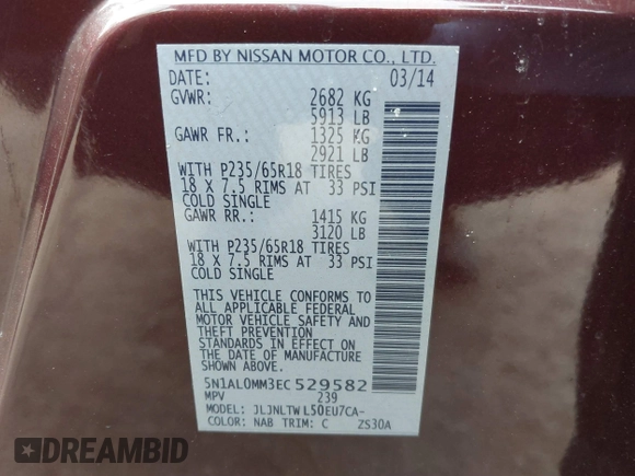 2014 Infiniti QX60 with VIN 5N1AL0MM3EC529582, listed as a IAAI auction lot 41844458 with 127,063 mi miles and . Bid and sale history available at carsss.com. Image 9.