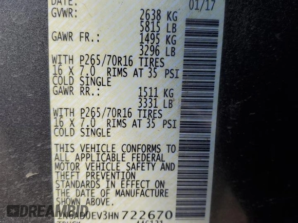2017 Nissan Frontier SV z VIN 1N6AD0EV3HN722670, wystawiony jako Copart lot #45653065 z przebiegiem 82 382 mil mil oraz Szkoda całkowita • Salvage title. Historia ofert i sprzedaży dostępna na DreamBid. Obrazek 14.