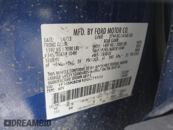 2013 Ford Explorer XLT z VIN 1FM5K8D81DGC71155, wystawiony jako IAAI lot #42337933 z przebiegiem 168 009 mil mil oraz . Historia ofert i sprzedaży dostępna na DreamBid. Obrazek 9.