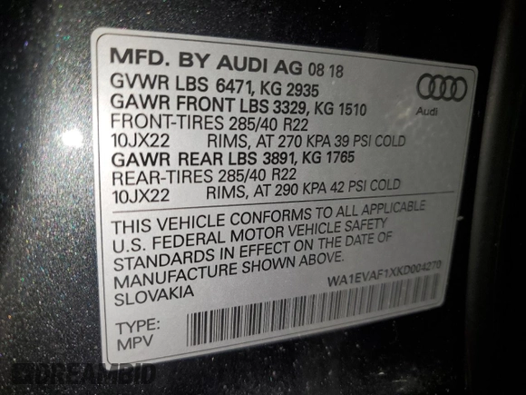 2019 Audi Q8 Premium Plus with VIN WA1EVAF1XKD004270, listed as a Copart auction lot 61906285 with 106,784 mi miles and Salvage title. Bid and sale history available at DreamBid. Image 12.