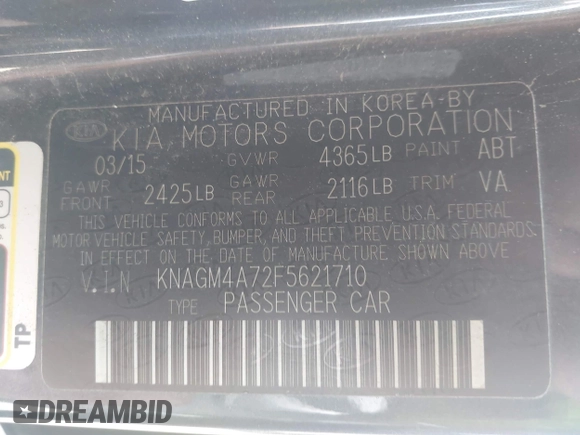 2015 Kia Optima LX z VIN KNAGM4A72F5621710, wystawiony jako IAAI lot #42171130 z przebiegiem 131 924 mil mil oraz . Historia ofert i sprzedaży dostępna na DreamBid. Obrazek 9.