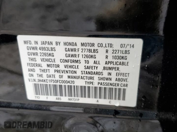 2015 Acura RLX Tech Pkg with VIN JH4KC1F50FC000420, listed as a Copart auction lot 81110914 with 91,359 mi miles and Salvage Title. Bid and sale history available at carsss.com. Image 12.