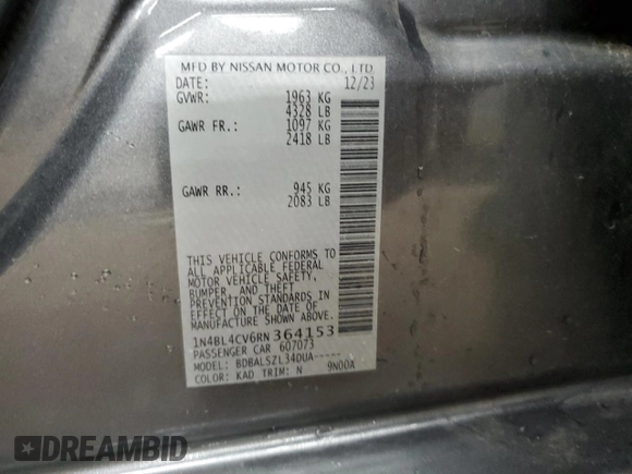 2024 Nissan Altima SR with VIN 1N4BL4CV6RN364153, listed as a Copart auction lot 62460595 with 34,367 mi miles and Clean title. Bid and sale history available at DreamBid. Image 12.