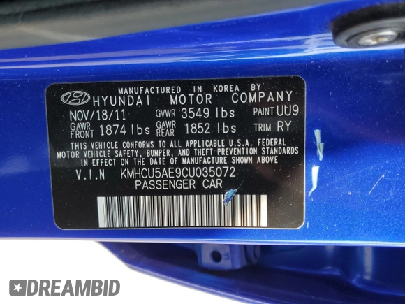 2012 Hyundai Accent SE with VIN KMHCU5AE9CU035072, listed as a Copart auction lot 54616835 with 107,682 mi miles and Clean Title. Bid and sale history available at carsss.com. Image 12.