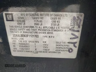 2015 Chevrolet Equinox LT with VIN 2GNALBEK0F1121763, listed as a IAAI auction lot 42012016 with 236,184 mi miles. Bid and sale history available at carsss.com. Image 9.