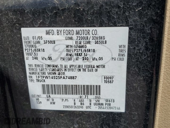 2005 Ford F-150 XLT с VIN 1FTPW14525FA74887, выставлен на аукционе Copart как лот 64232475 с пробегом 246 400 миль миль и Чистый • Clean title. История ставок и продаж доступна на DreamBid. Изображение 12.
