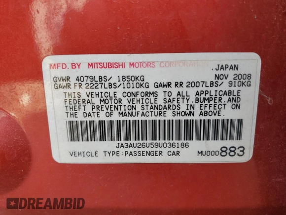 2009 Mitsubishi Lancer ES with VIN JA3AU26U59U036186, listed as a Copart auction lot 80457284 with 241,275 mi miles and Non Repairable. Bid and sale history available at DreamBid. Image 12.